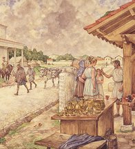 Oude tekening met mensen die handel drijven tijdens de Romeinse tijd